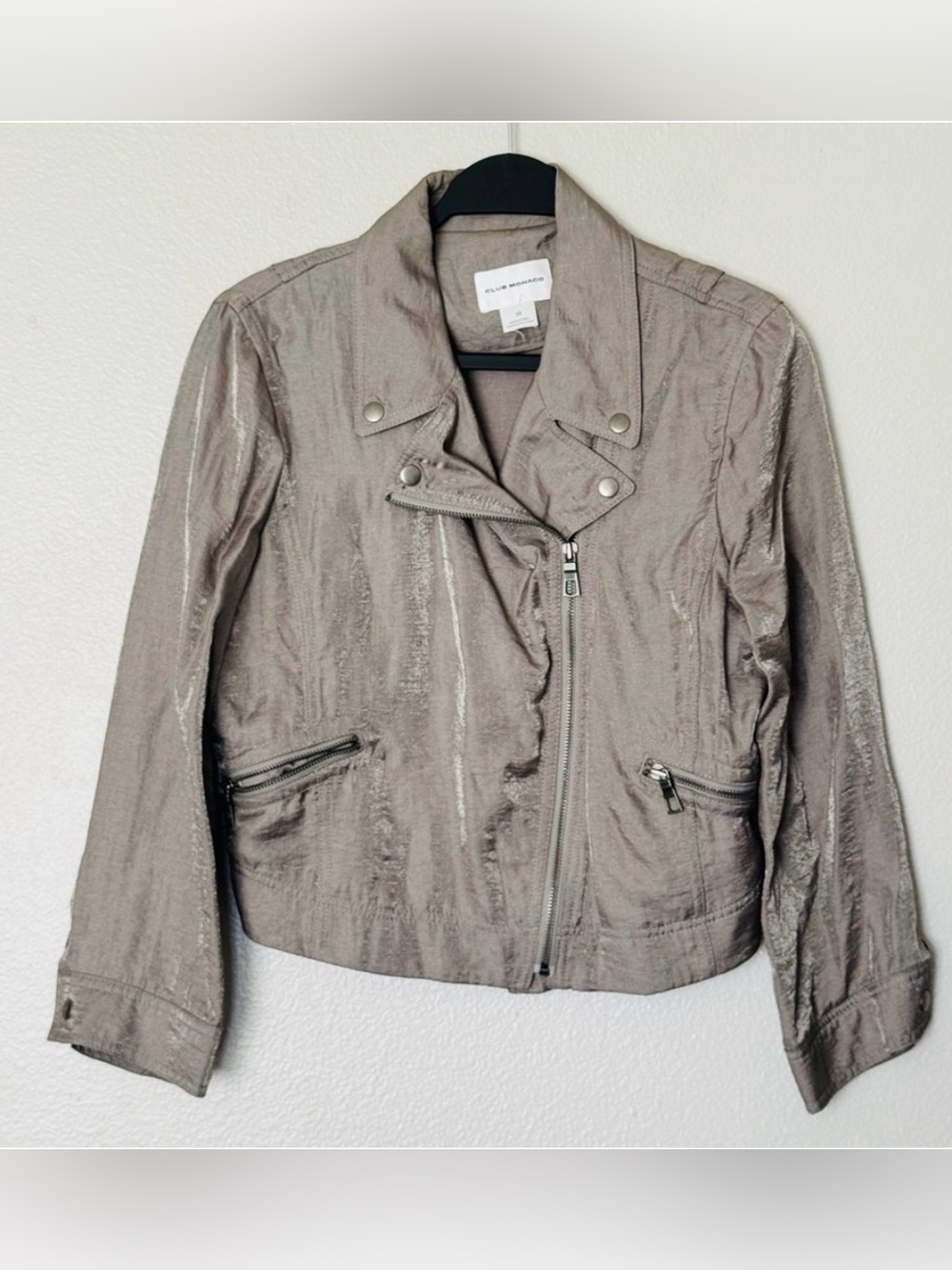 Club Monaco Shimmery Gray Silver Moto Style Lightweight Jacket Size 10